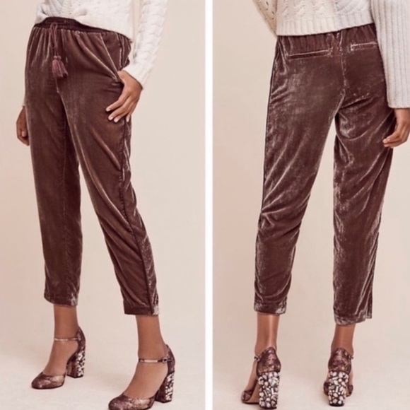 Elevenses Anthropologie Sonia Velvet Joggers Pants Dark Purple Small Cropped - Picture 3 of 16